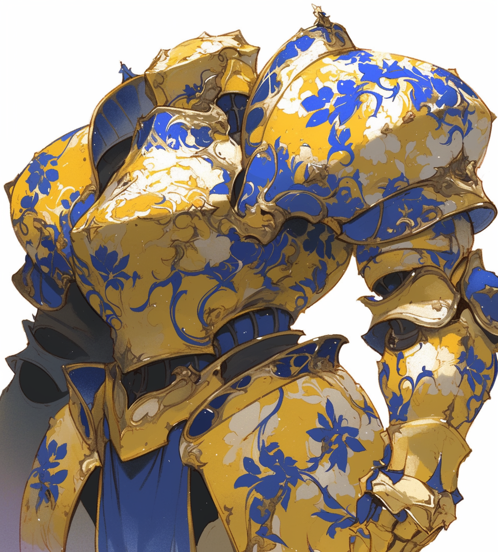 A strong knight in blue and gold armor.