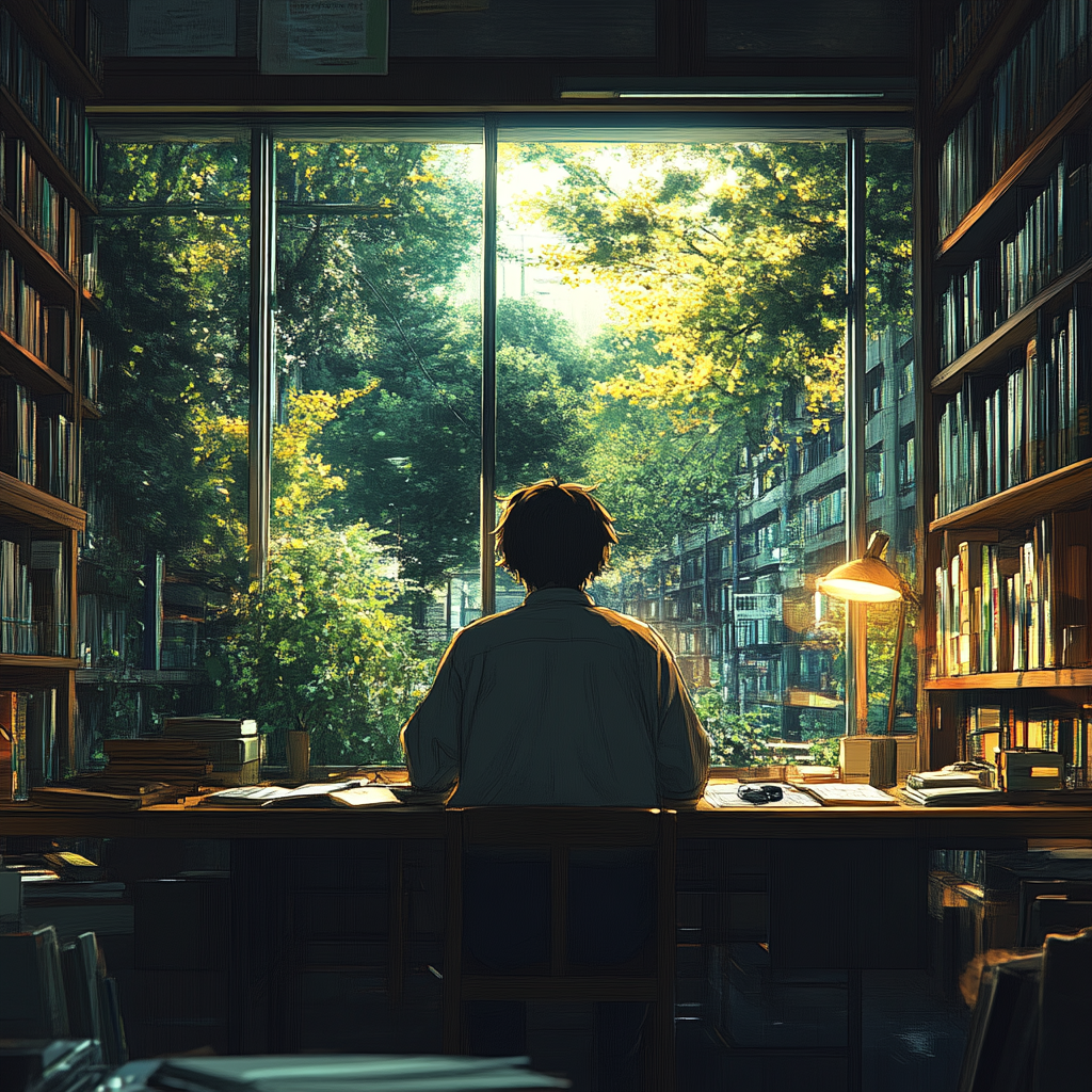 A student studying in library with sunset view.