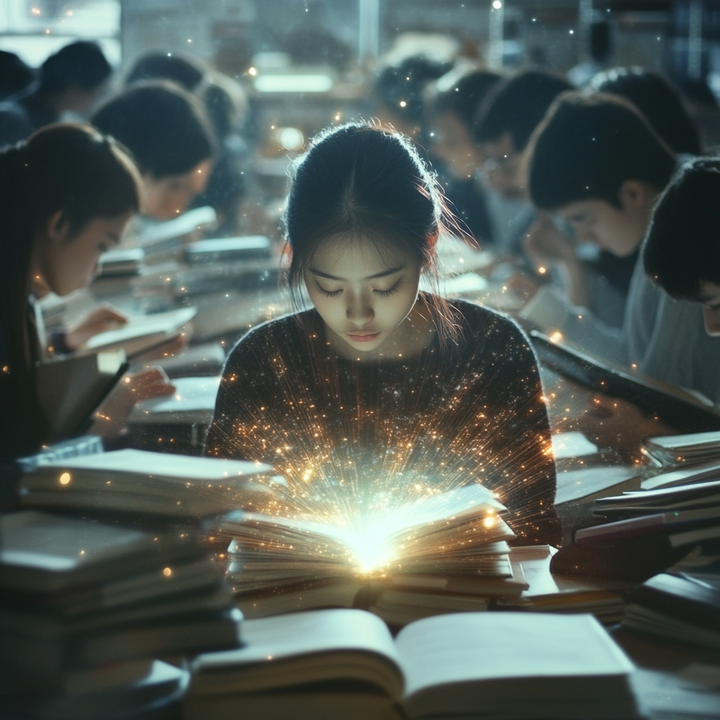 A student using a glowing guide stands out calmly.