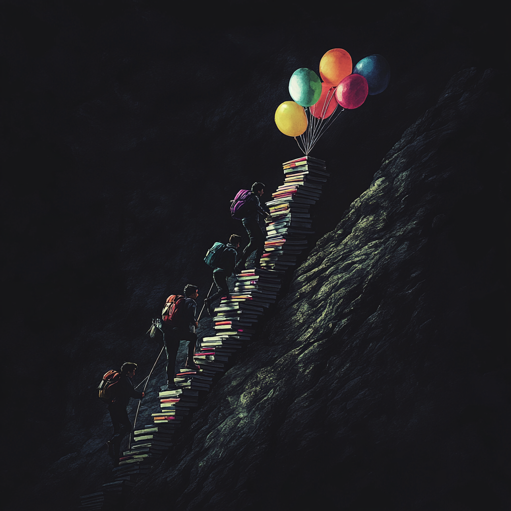 A student with balloons effortlessly climbs dark, steep mountain.