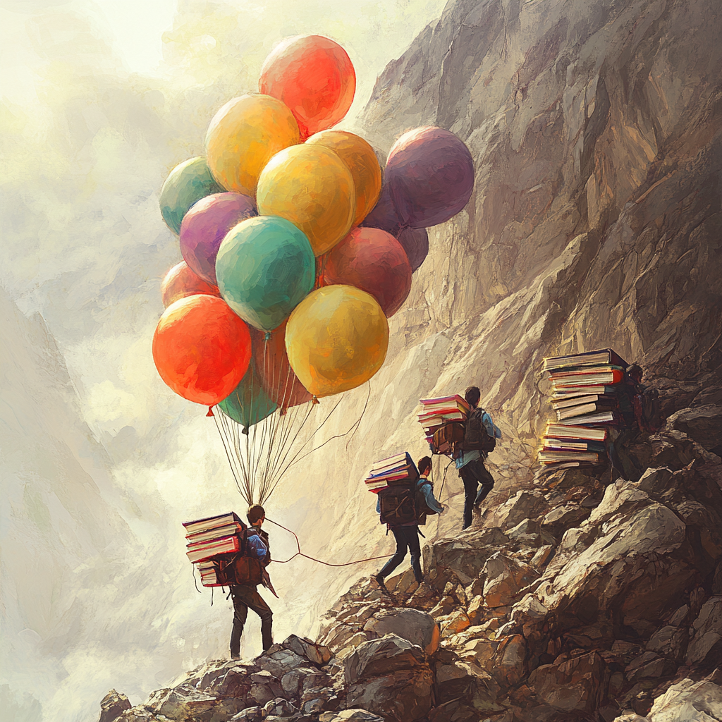 A student with balloons floats up the mountain.