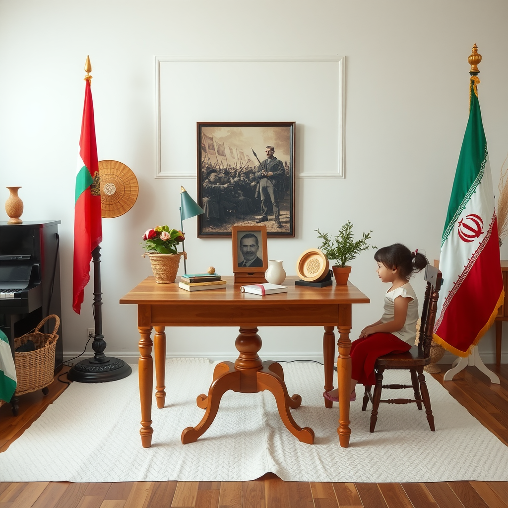 A studio with a table, a picture, and flags.