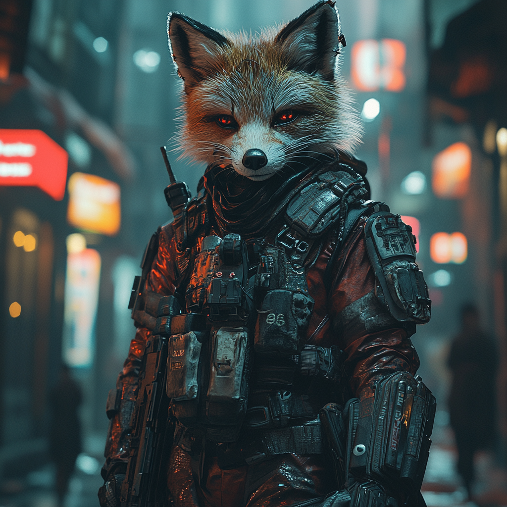 A stunning photo of a kitsune in neon city