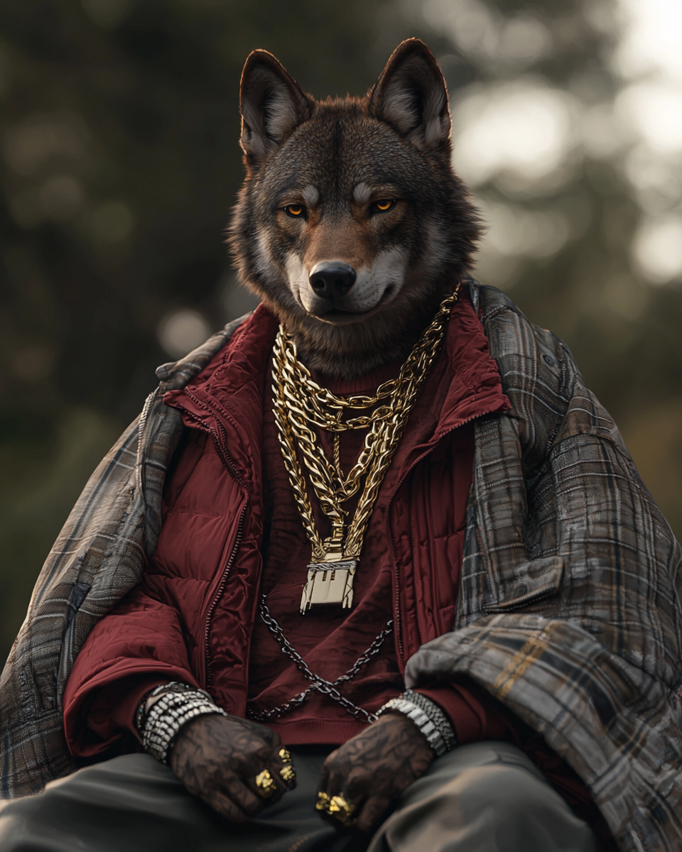 A stylish artistic hybrid man-wolf loves nature