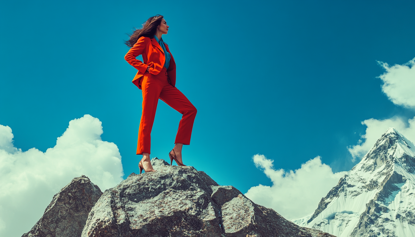 A stylish female lawyer standing on Mount Everest