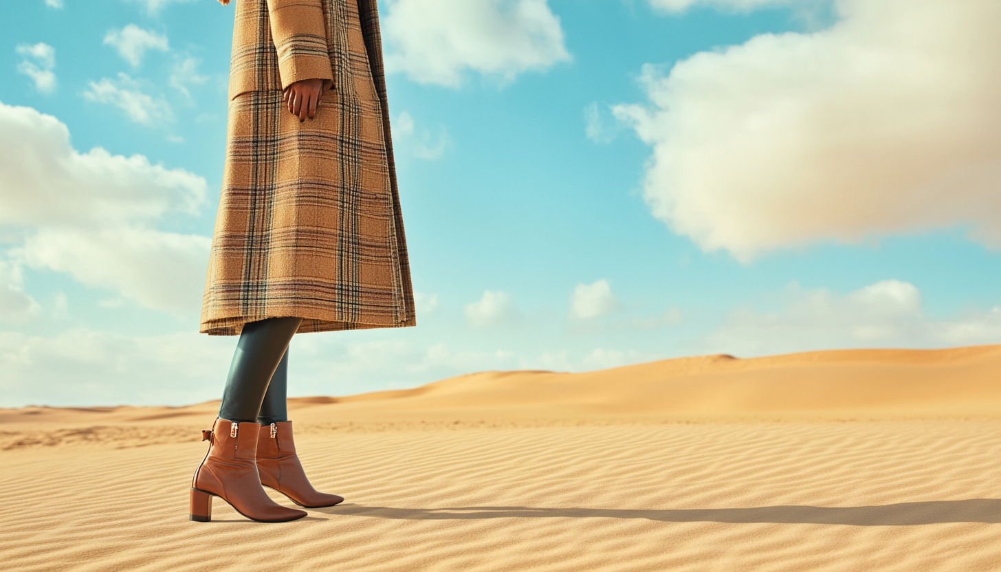 A stylish lawyer in wintercoat poses in desert