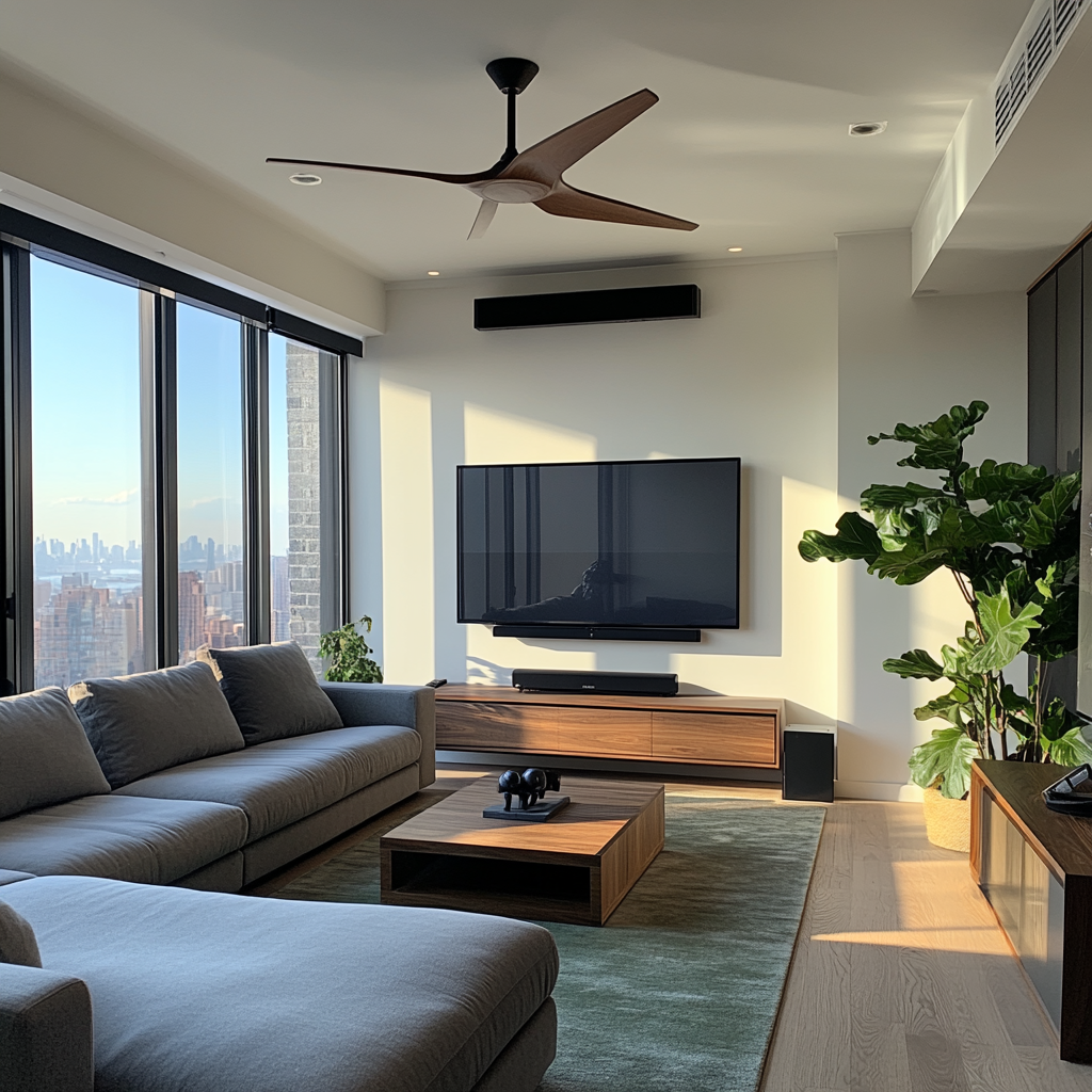 A stylish living room with high ceilings and art