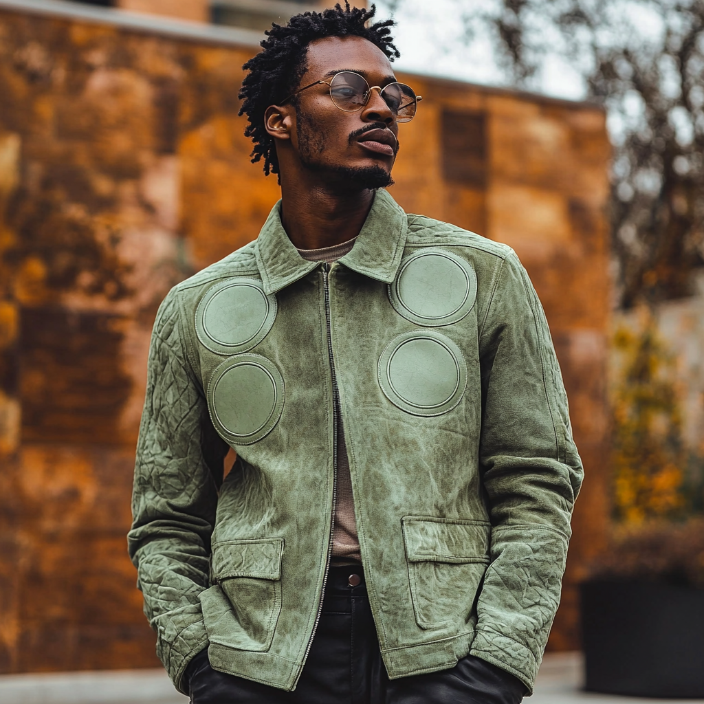 A stylish man in green suede jacket.