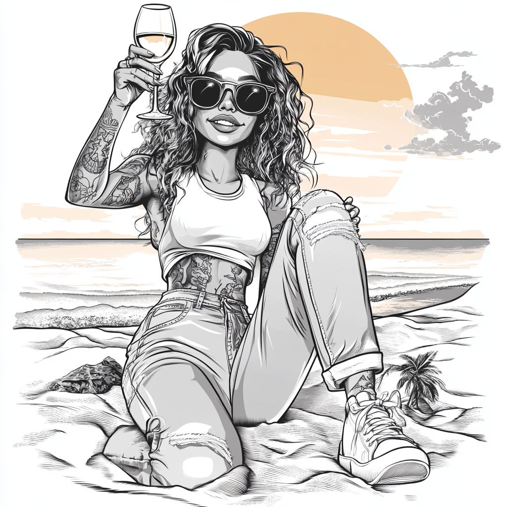 A stylish woman enjoying wine on sandy beach