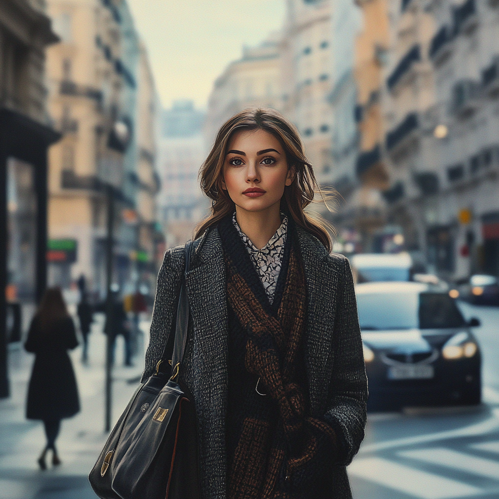 A stylish young woman in a big city