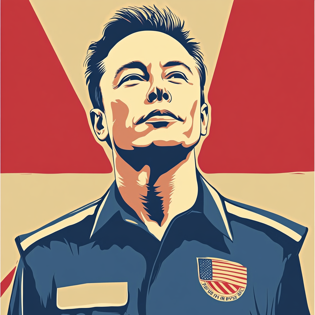 A stylized portrait of Elon Musk in USPS uniform