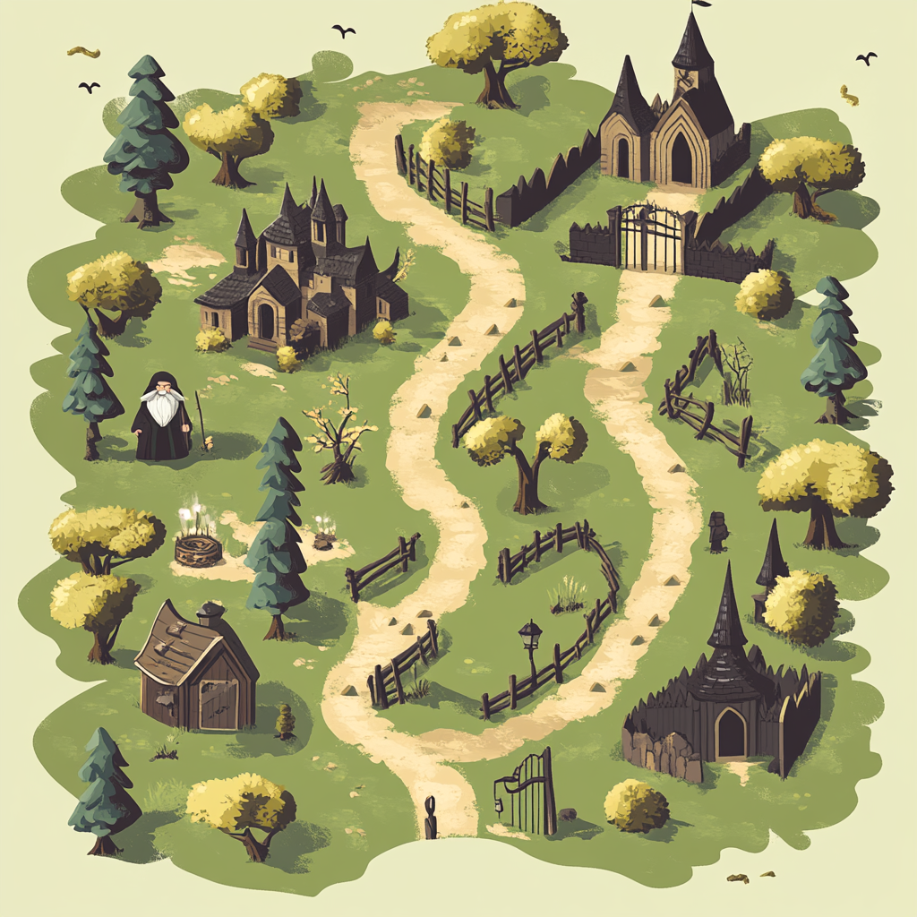 A stylized treasure map with forest, village, wise man