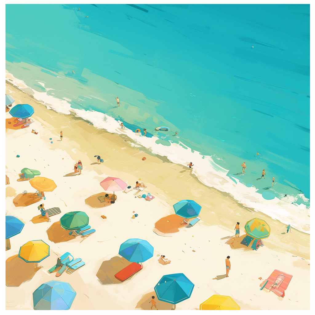 A sunny beach day with colorful umbrellas