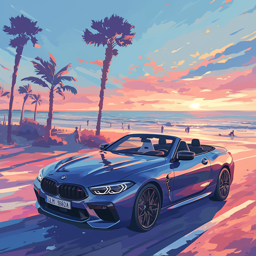 A sunny day driving a black BMW convertible.