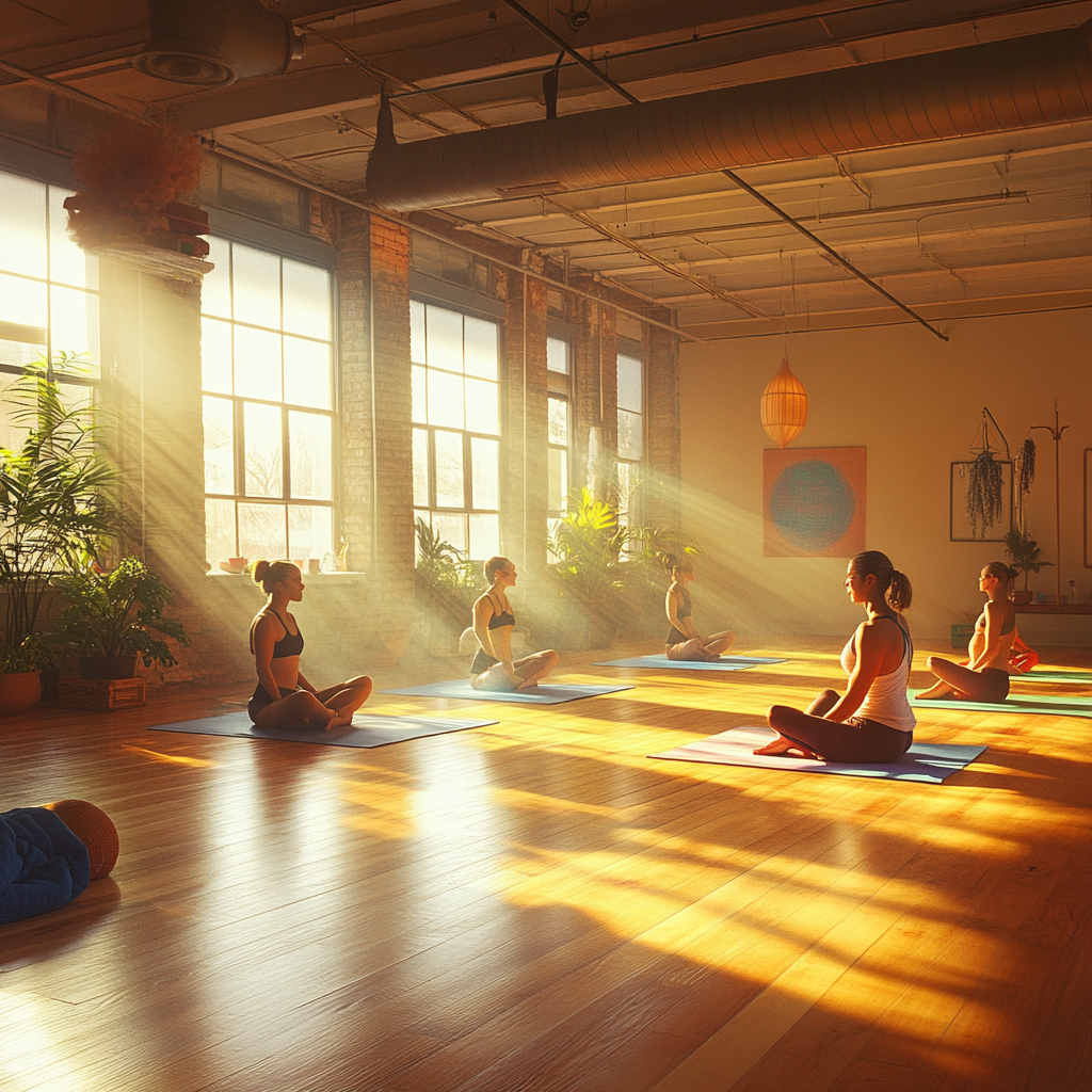 A sunny yoga studio with diverse, calm group.