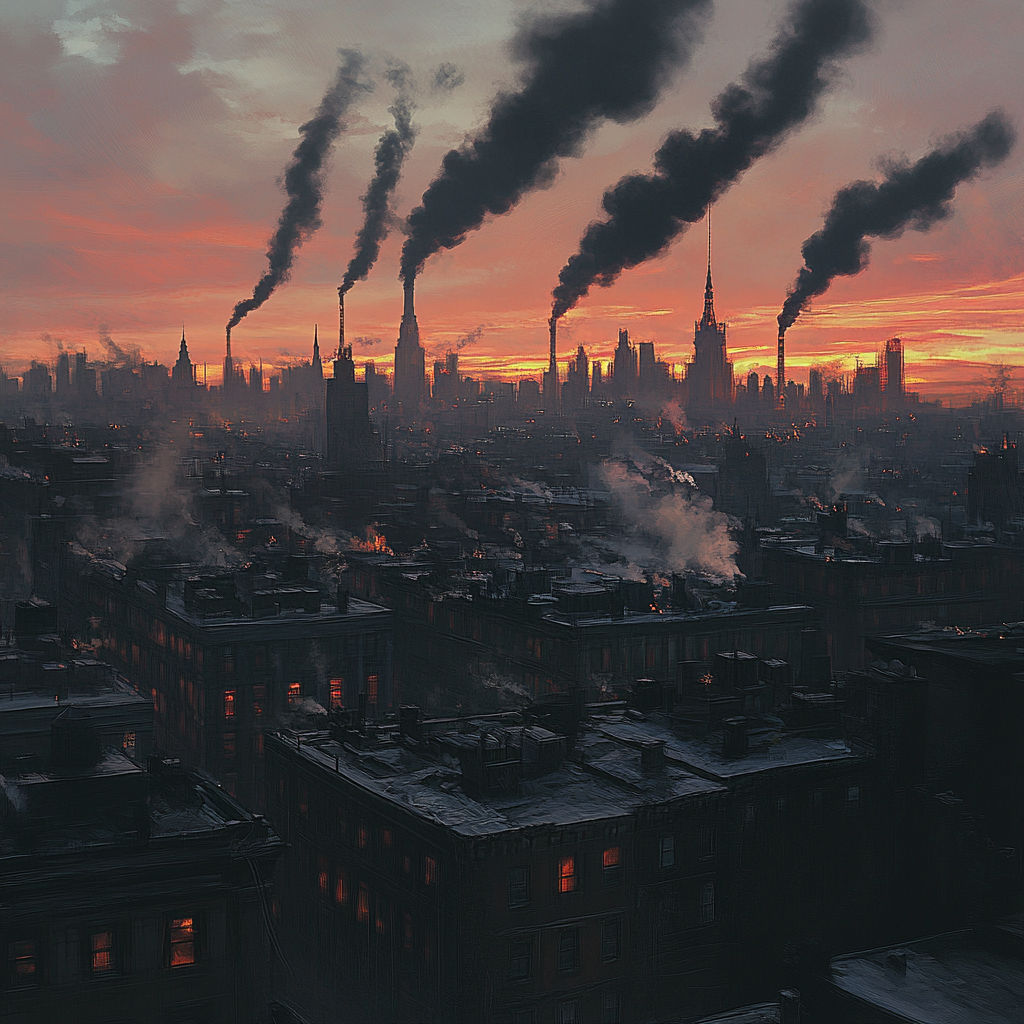 A sunset over city, tall towers, smoke trails.