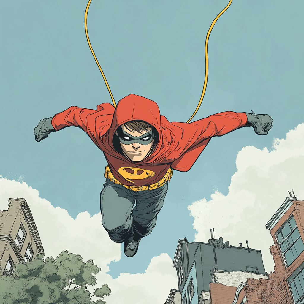 A superhero in hoody flies over ghetto