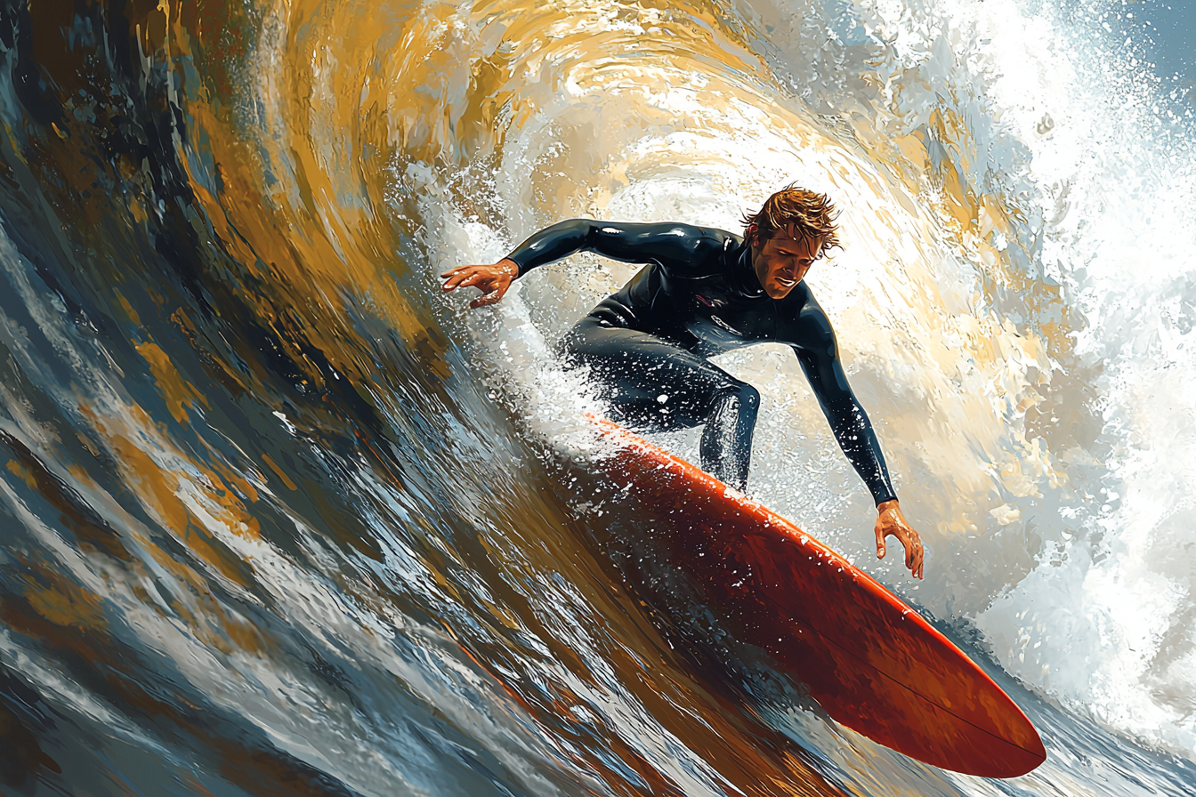 A surfer in black riding bright red wave.