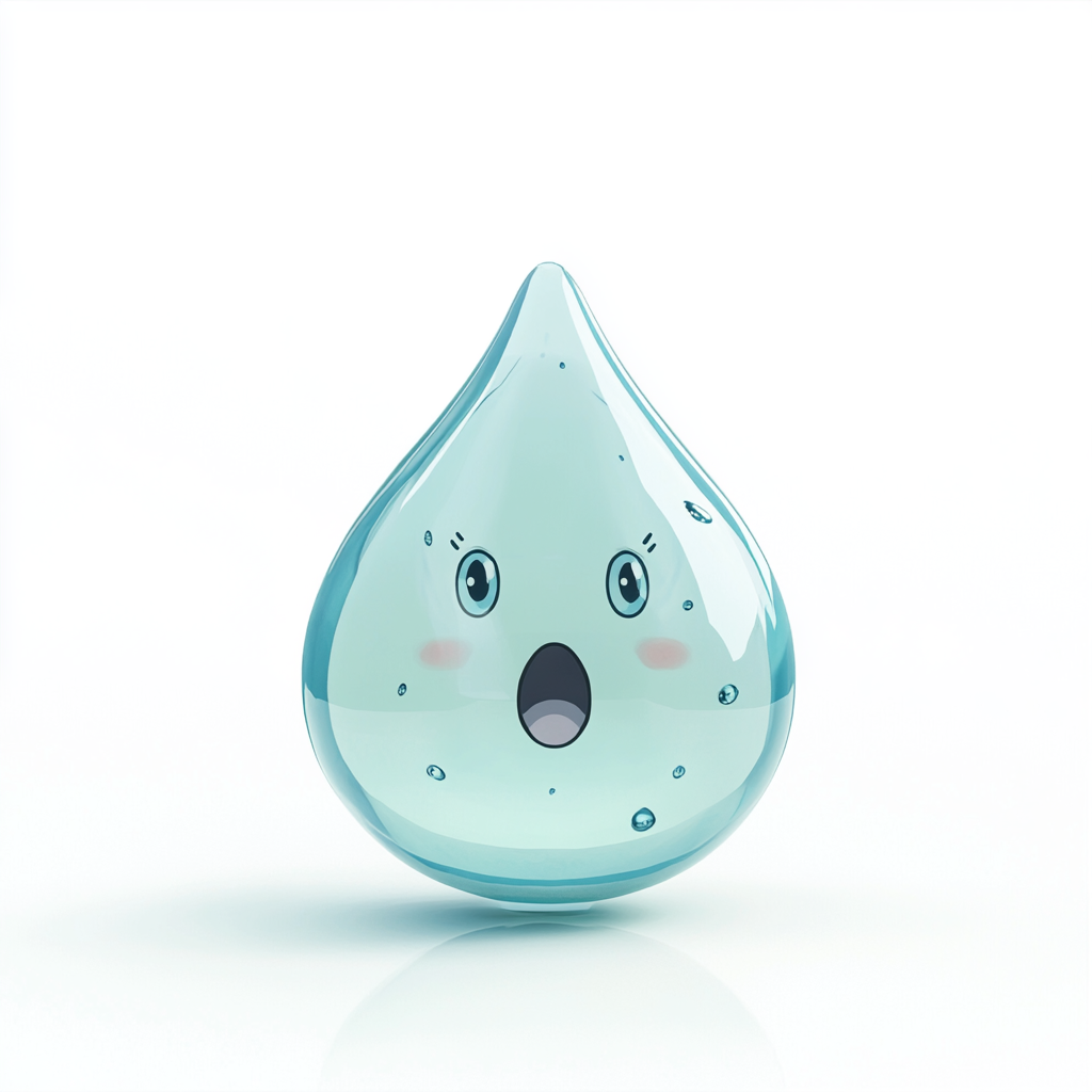 A surprised water drop cartoon on white background.