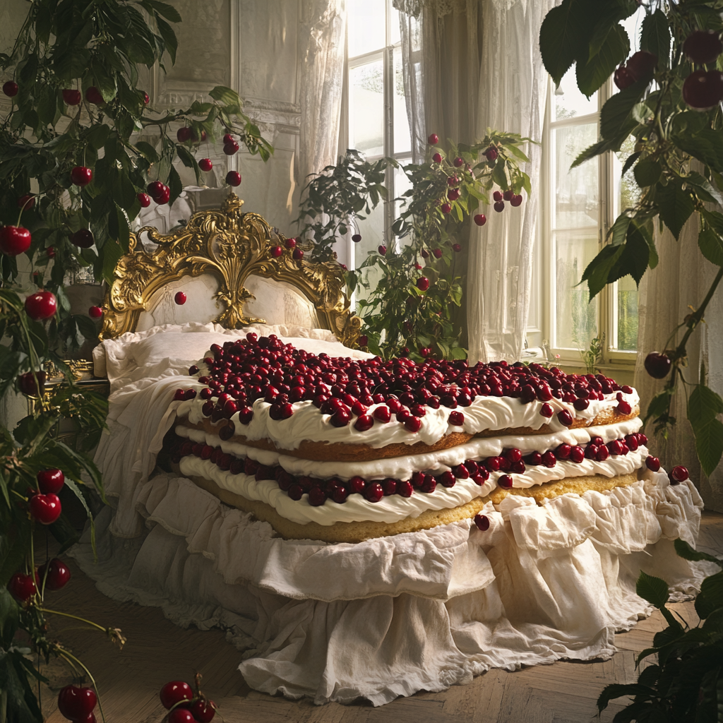 A surreal bedroom with elaborate cake-like bedspread.