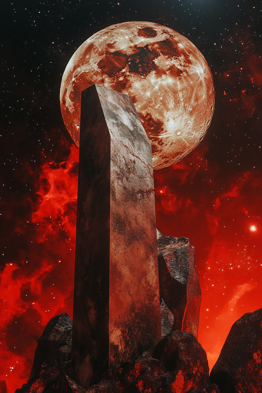 A surreal space fantasy featuring moonrise, sculpture, and stars.