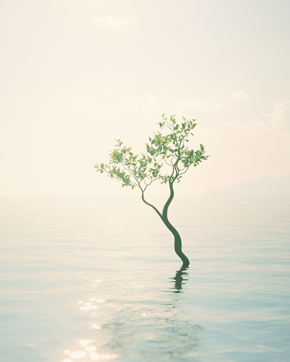 A surreal tree in the middle of a lake