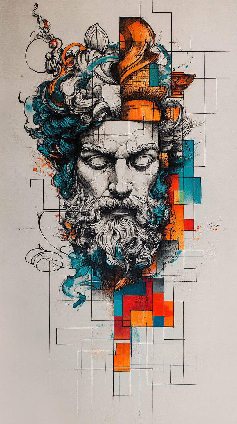 A surrealistic tattoo sketch with Zeus and pixel David