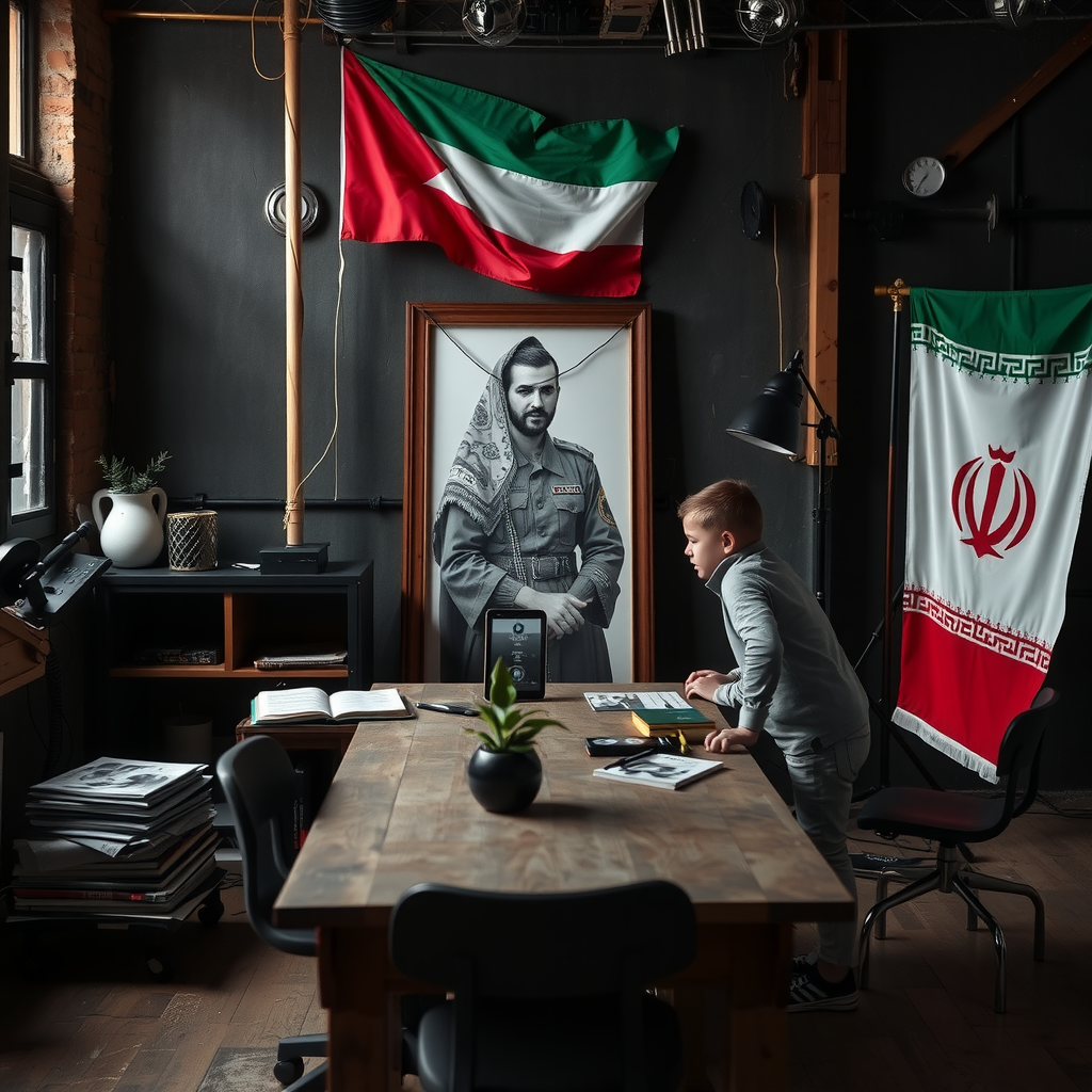 A table, a picture, a child, flags in studio.