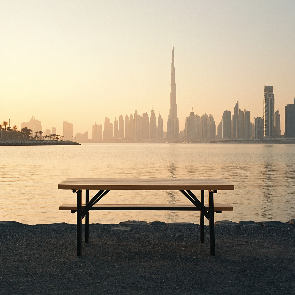 A table near Dubai's waterfront under sunlight