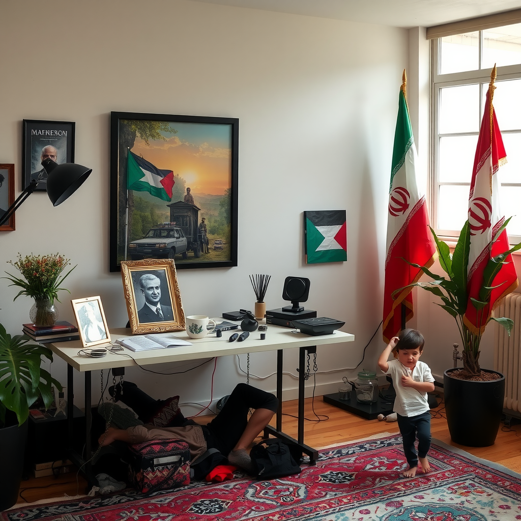 A table with a martyrdom picture and flags.