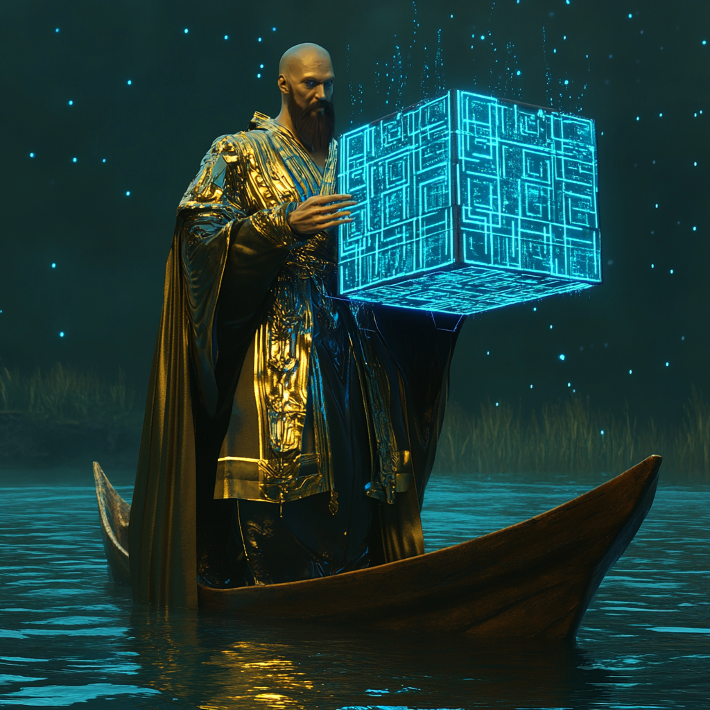 A tall, gold man in cyberpunk outfit floats.