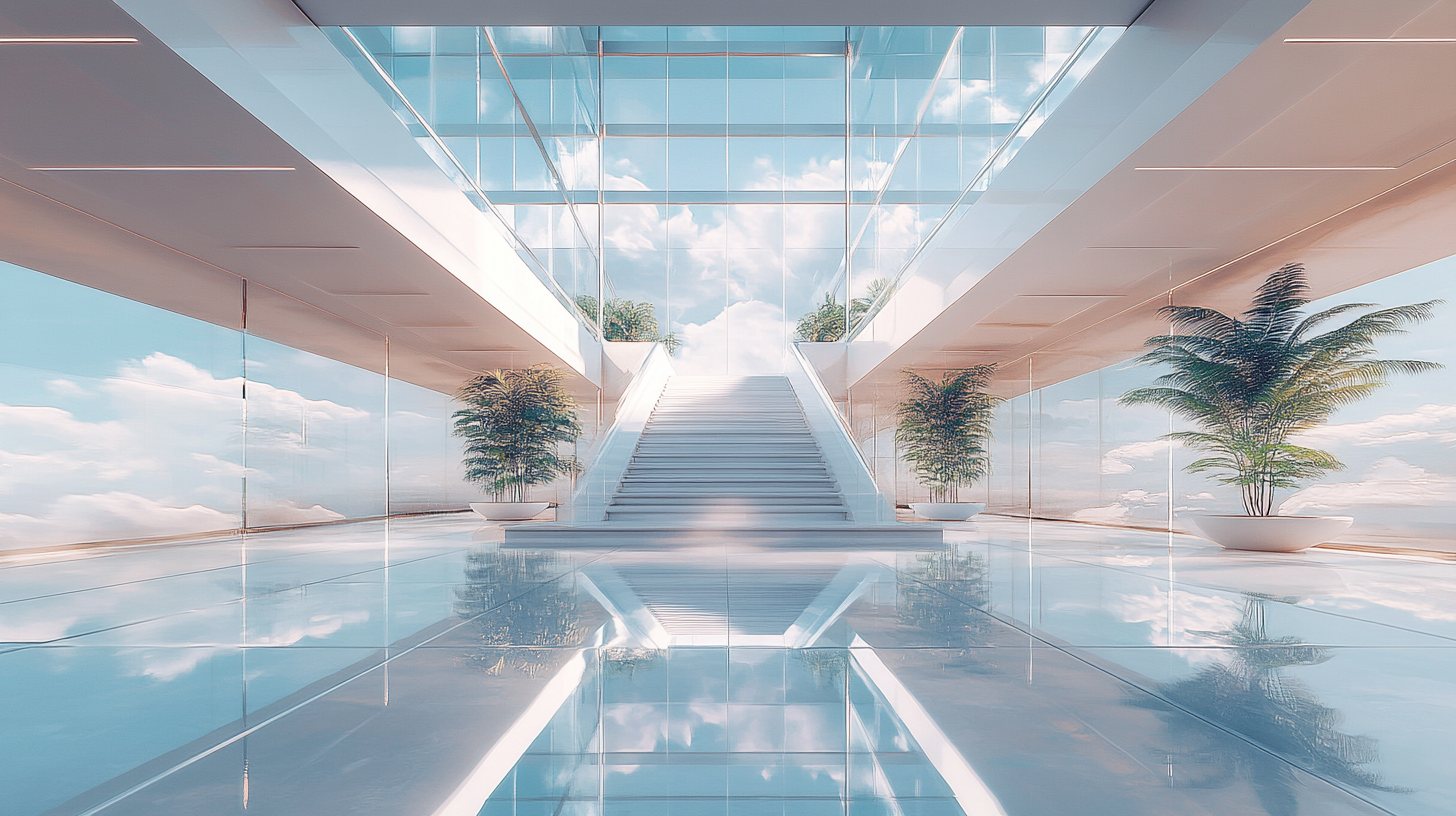 A tall, shiny white building with glass lobby