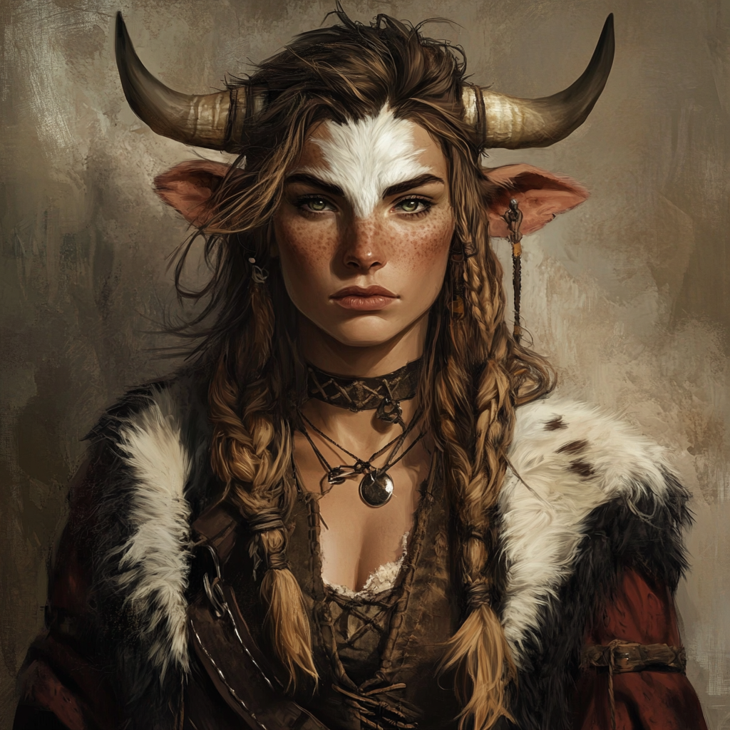 A tall, unique female barbarian with cow skin.