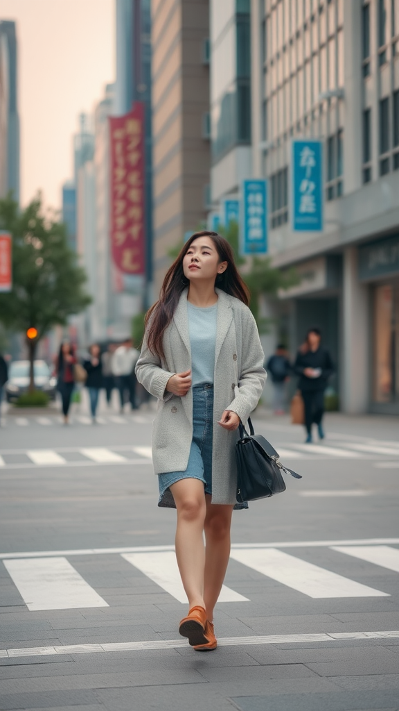 A tall Korean girl walking in the city.