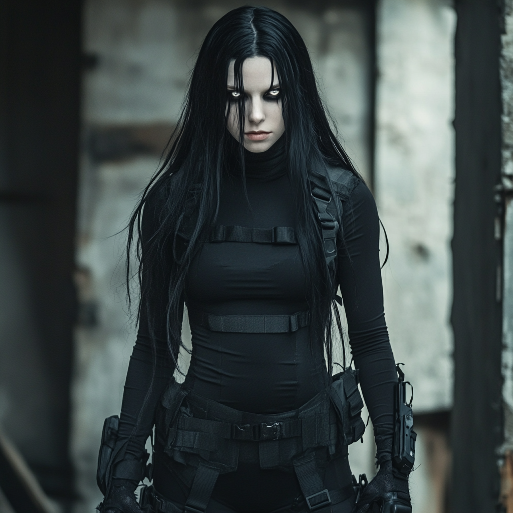 A tall female vampire in black combat gear.