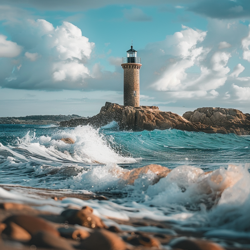 A tall lighthouse stands on rocky sea shore.