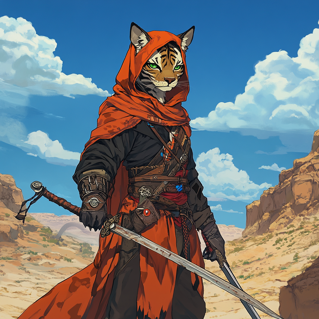 A tall male tabaxi rogue wearing ornate armor.