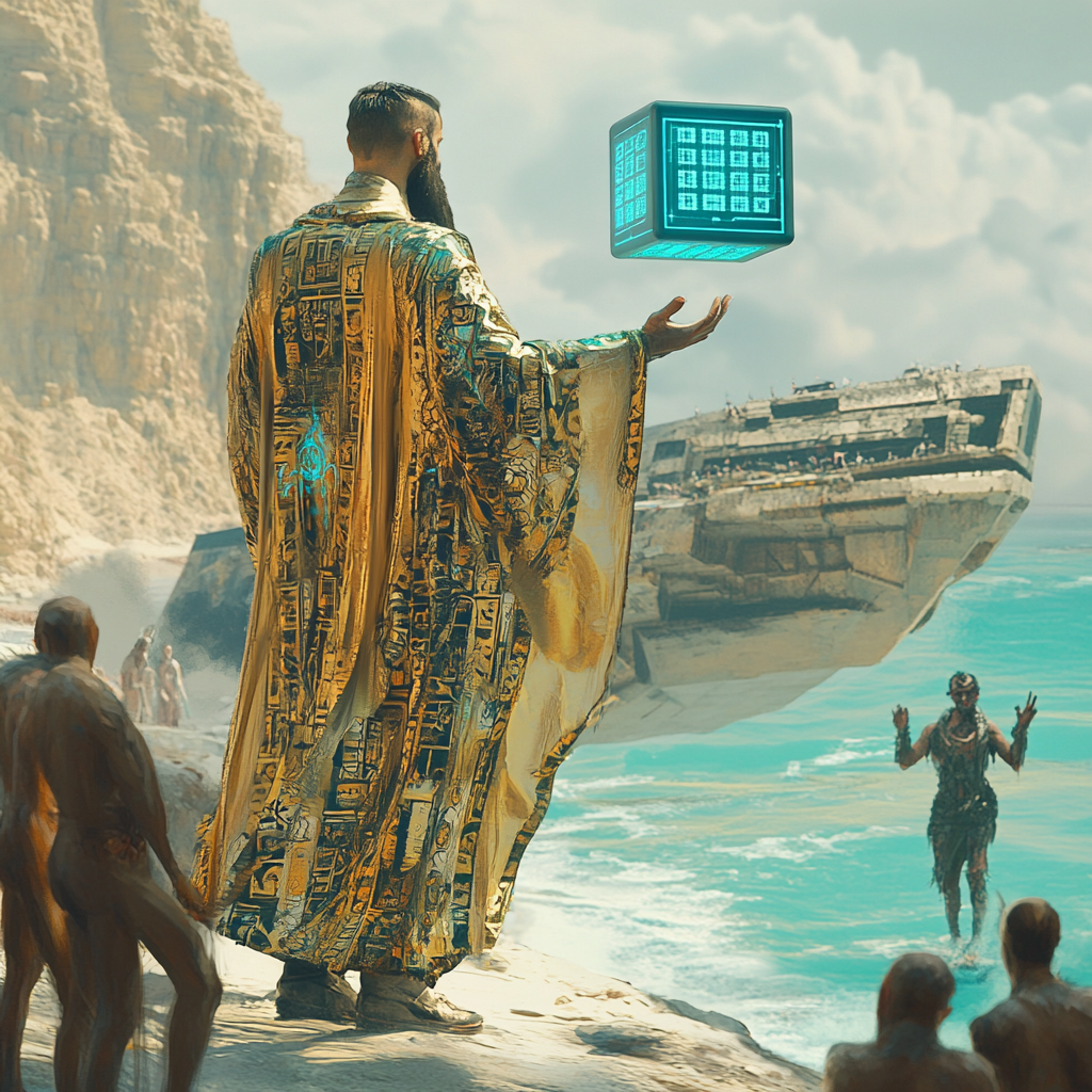 A tall man in futuristic robes rides ship.