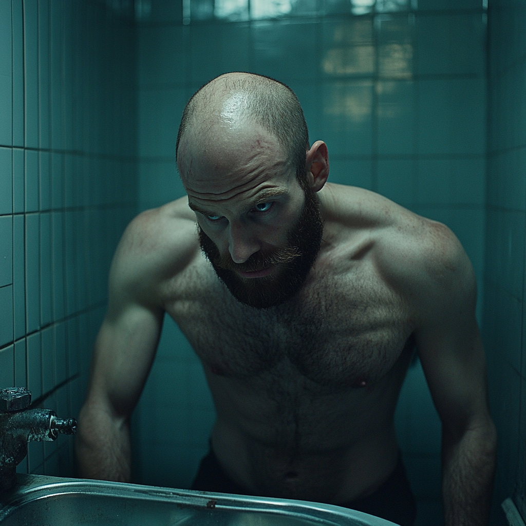 A tall man with broad shoulders looking into sink.