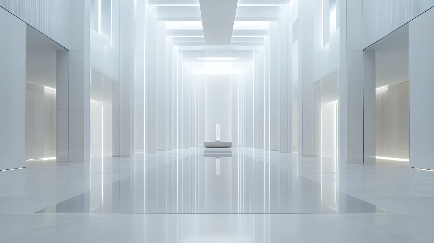 A tall white building with shiny lobby