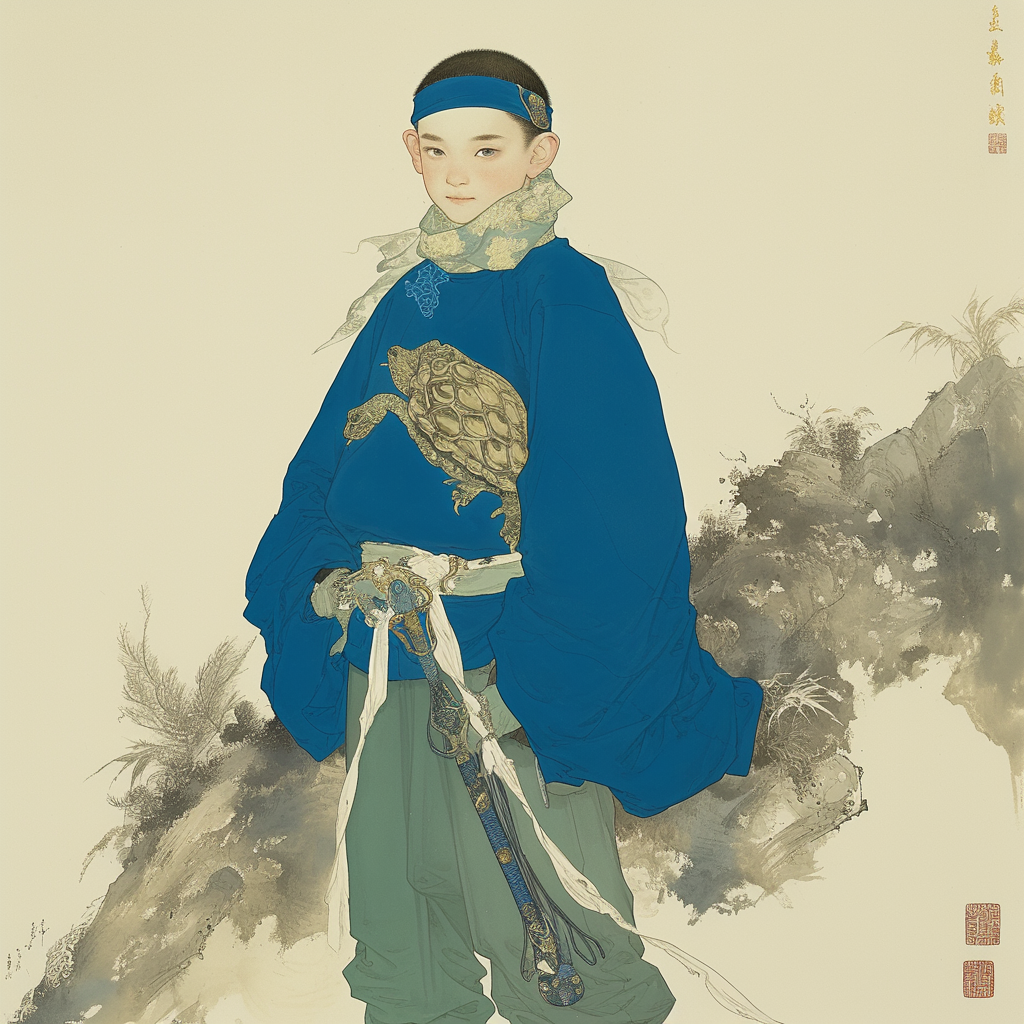 A tall young man in blue scarf and robe.