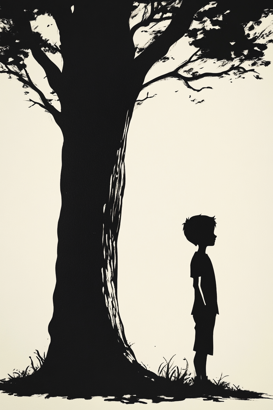 A tattoo design of a boy and tree.