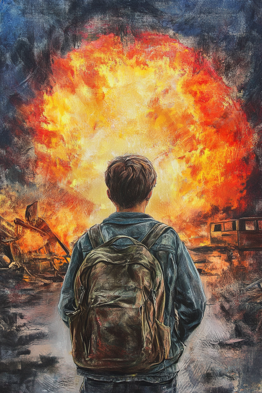 A teenage boy in post-apocalyptic nuclear scene