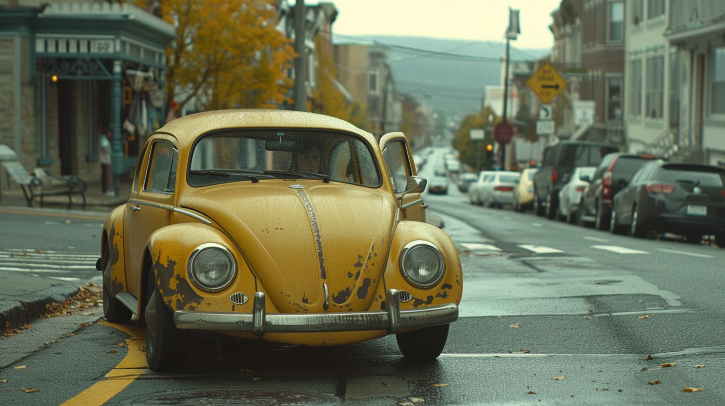 A teenage girl driver in vintage yellow VW.