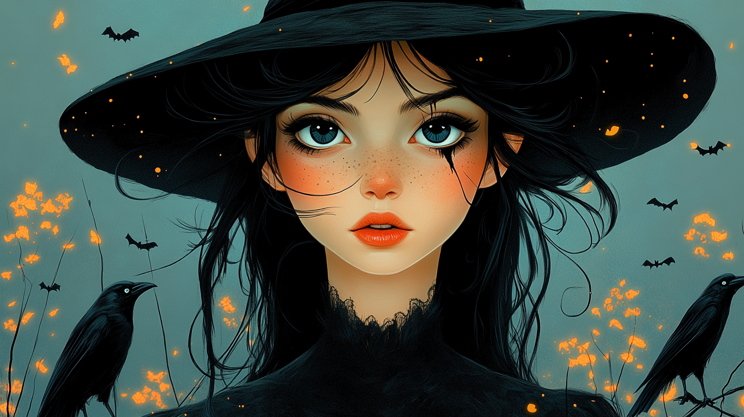 A teenage witch with black crows at night