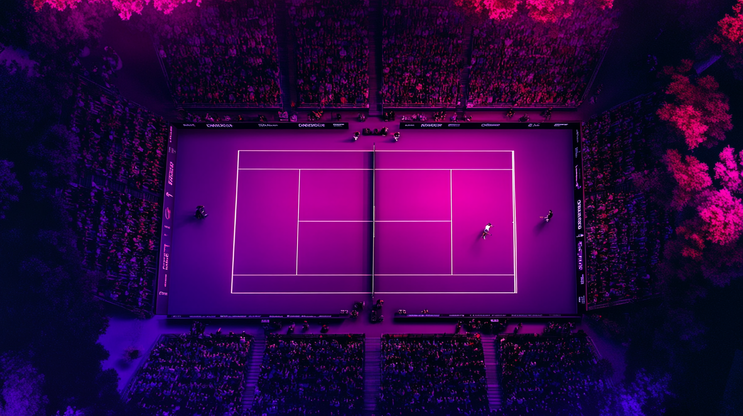 A tennis match with spectators under purple sky