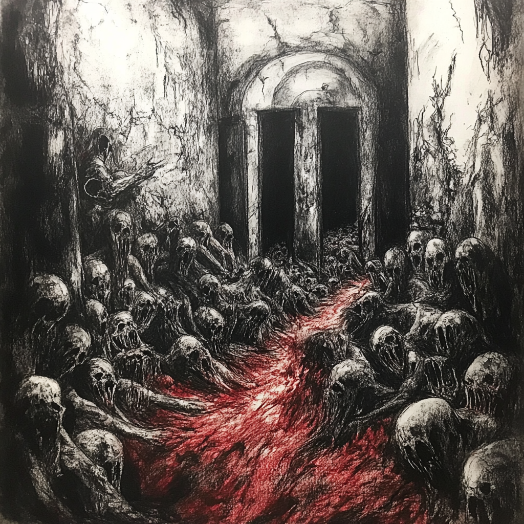 A terrifying charcoal drawing of endless screaming pit.