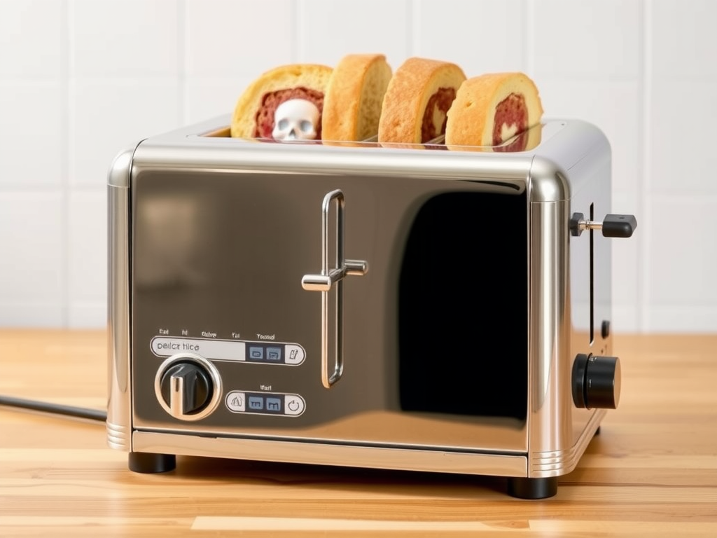 A three-slice toaster in a kitchen.