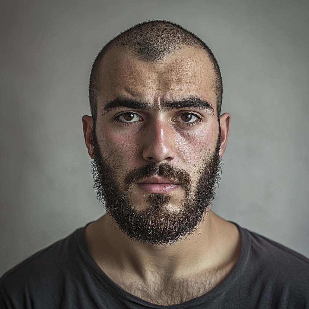 A tired, bald French man in front of wall.