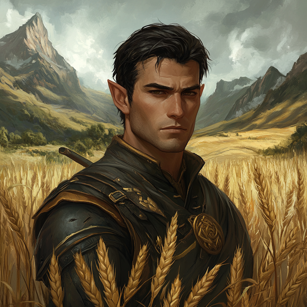 A tired, ugly elvish soldier in wheat field